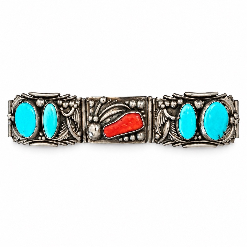 Vintage Sterling Silver Turquoise Watch Band Cuff Coral Repair PJ Old Pawn